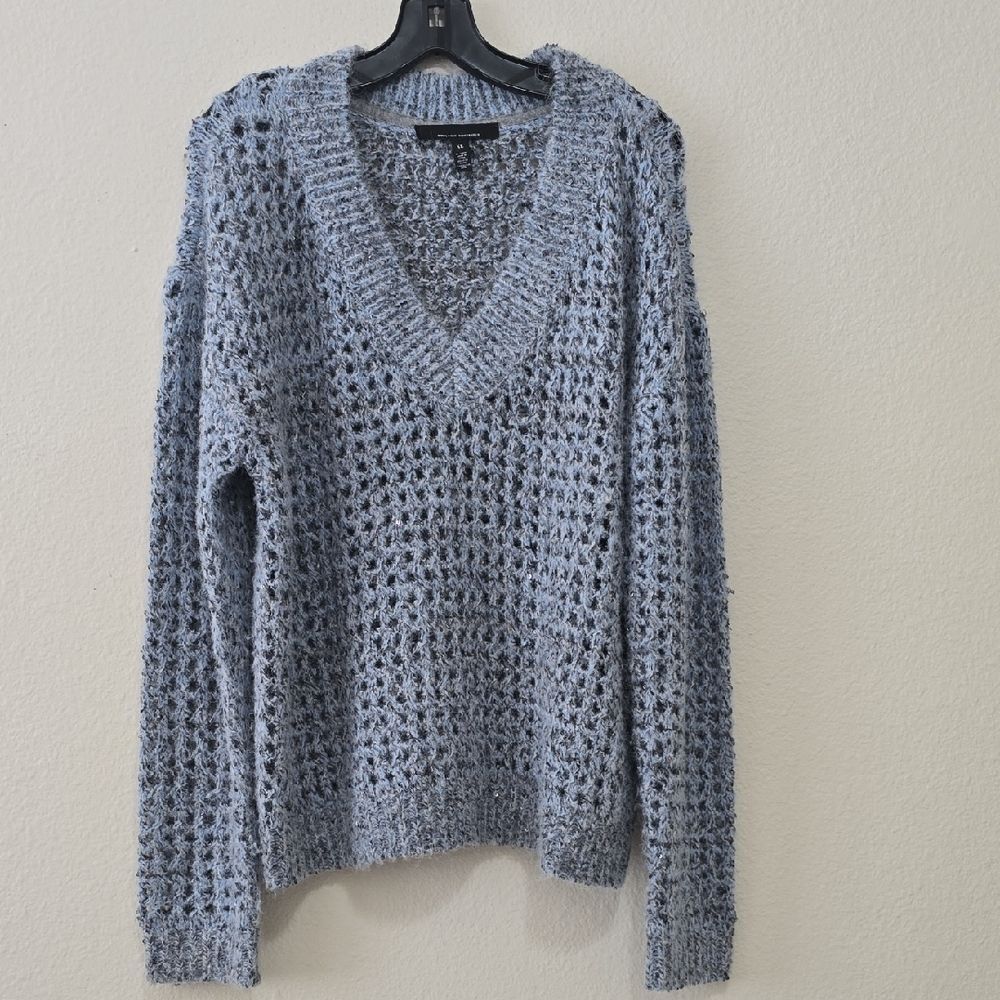 White House Black Market‎ Light Blue Open-Weave V-Neck Sweater XL